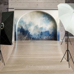 Aperturee - Aperturee Modern Abstract Blue and Beige Painterly Arch Sweep Backdrop Elegant Wooden Floor Studio Photography