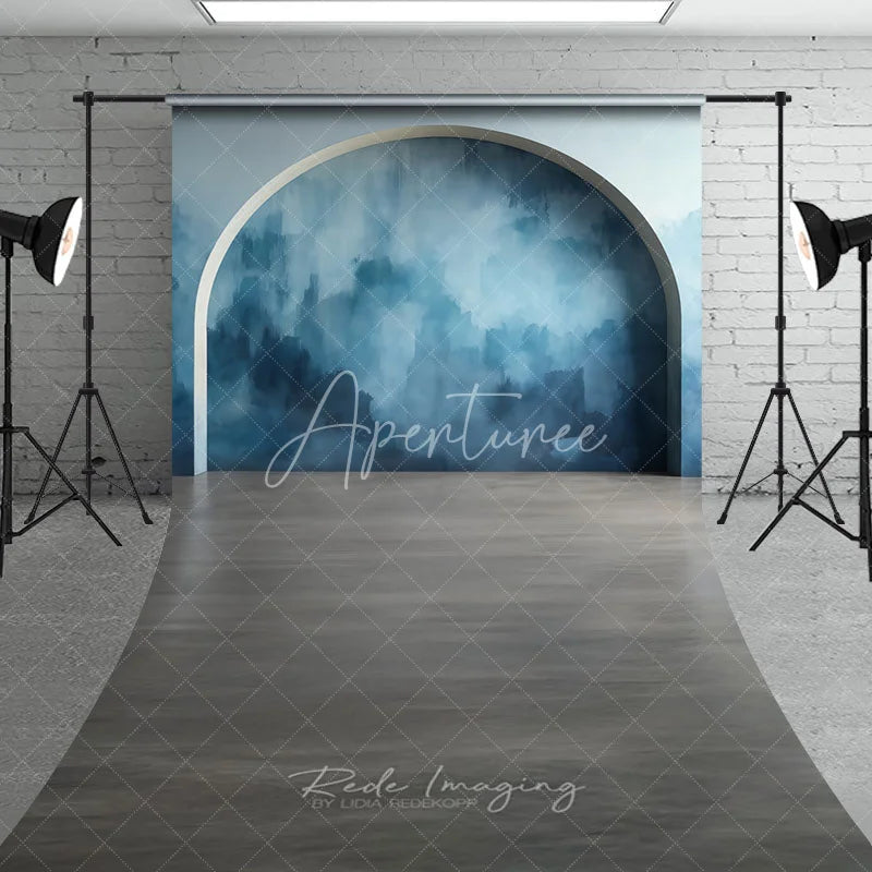 Aperturee - Aperturee Modern Abstract Blue Textured Arch Sweep Backdrop with Wood Floor for Portrait Photography