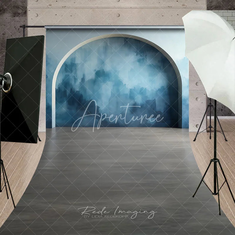 Aperturee - Aperturee Modern Abstract Blue Textured Arch Sweep Backdrop with Wood Floor for Portrait Photography