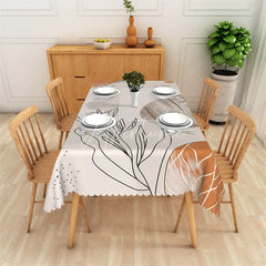 Aperturee - Aperturee Modern Abstract Botanical Line Art Rectangle Tablecloth Terracotta Scalloped Edge Dining Decor
