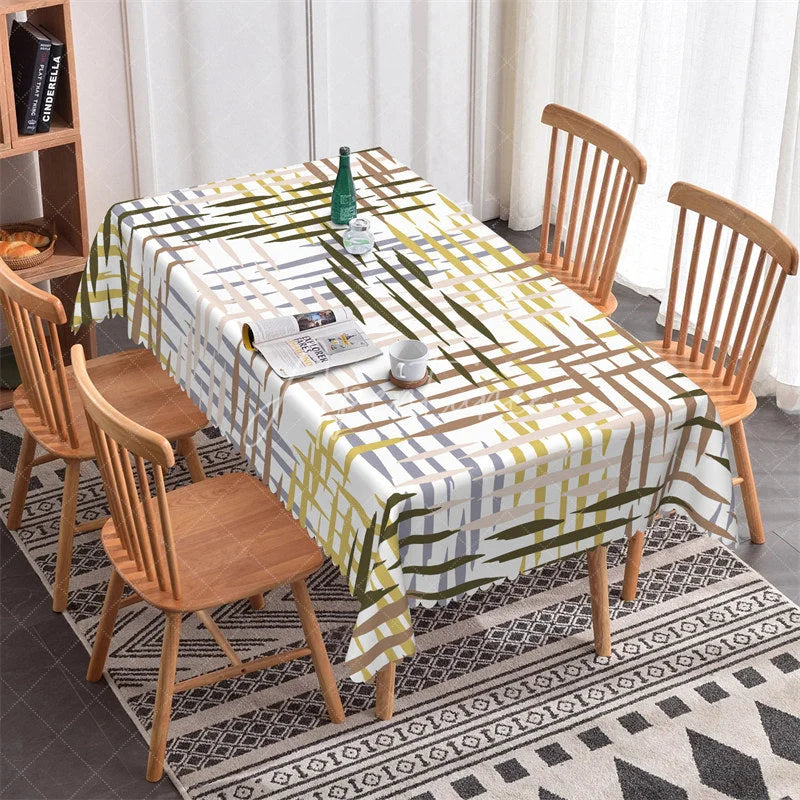 Aperturee - Aperturee Modern Abstract Brushstroke Pattern Rectangle Tablecloth Earthy Olive Green Brown Beige Dining Decor
