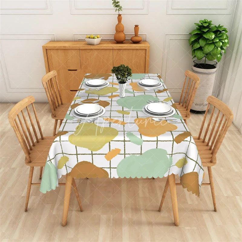 Aperturee - Aperturee Modern Abstract Brushstroke Rectangle Tablecloth with Colorful Grid Pattern Artistic Dining and Kitchen Decor