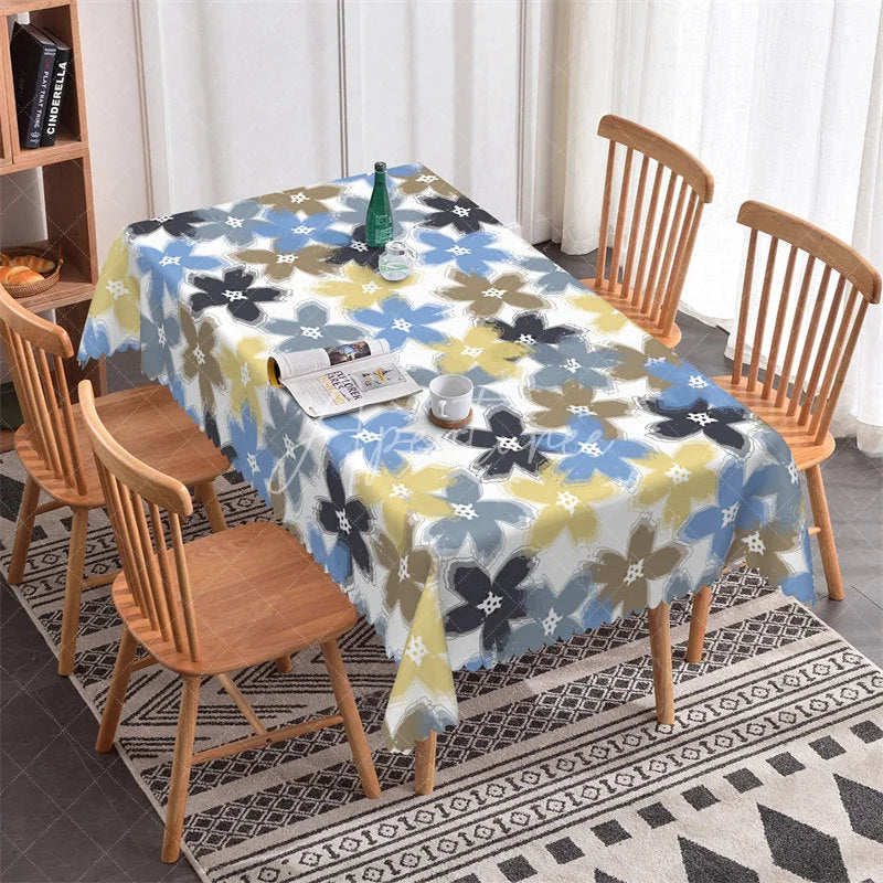 Aperturee - Aperturee Modern Abstract Floral Rectangle Tablecloth with Blue Yellow Brown Brush Strokes Scalloped Edge Home Decor