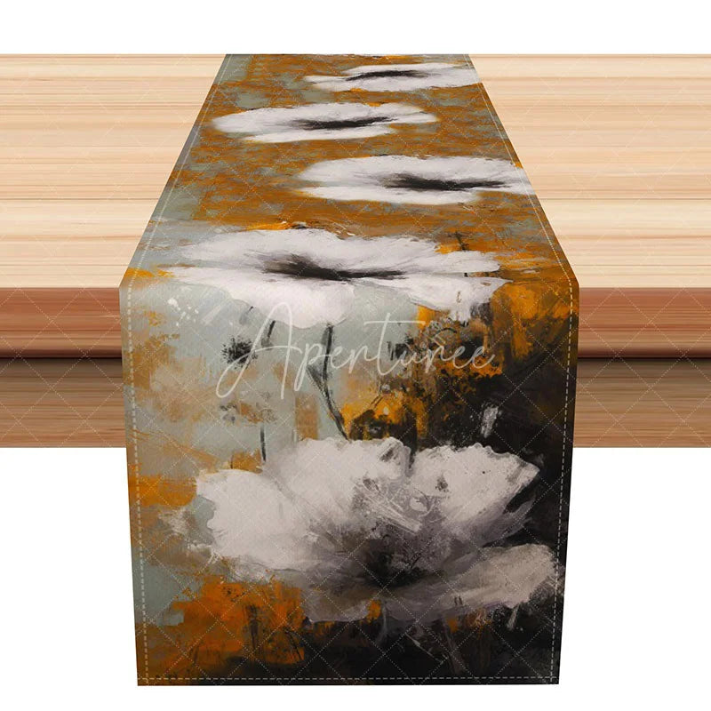 Aperturee - Aperturee Modern Abstract Floral Table Runner Grey Gold and White Botanical Elegant Minimalist Kitchen Decor