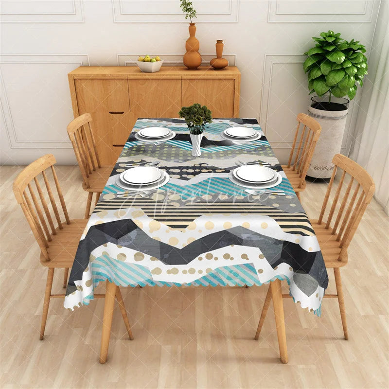 Aperturee - Aperturee Modern Abstract Geometric Patchwork Rectangle Tablecloth with Zigzag Stripes and Polka Dots Design