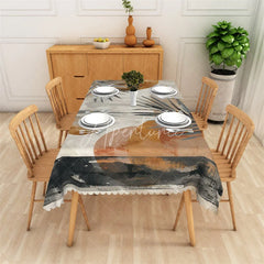 Aperturee - Aperturee Modern Abstract Geometric Rectangle Tablecloth with Earthy Tones and Palm Leaves Dining Room Decor