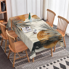 Aperturee - Aperturee Modern Abstract Geometric Rectangle Tablecloth with Earthy Tones and Palm Leaves Dining Room Decor