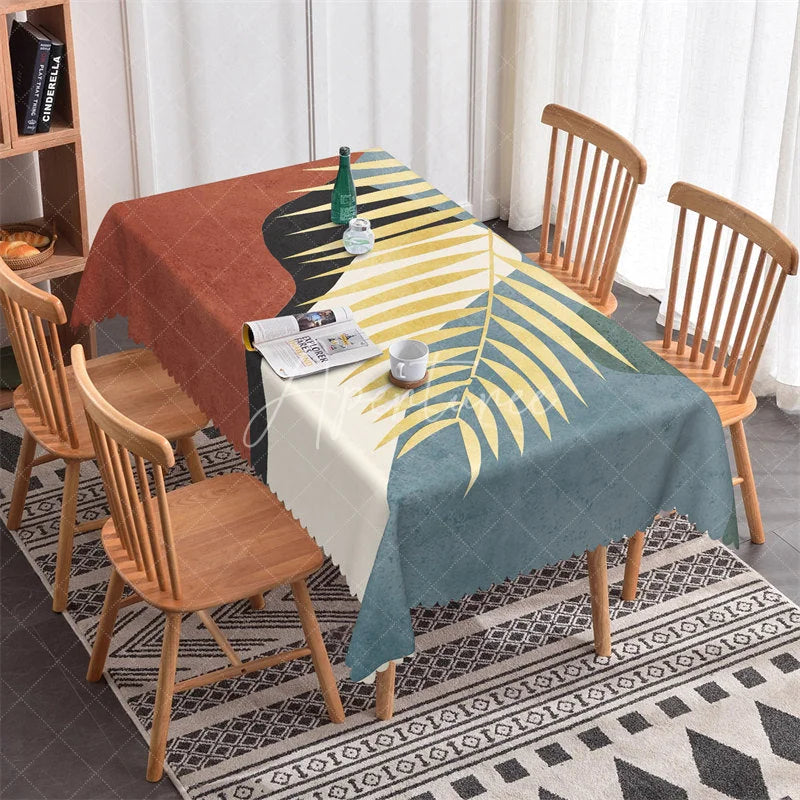 Aperturee - Aperturee Modern Abstract Geometric Rectangle Tablecloth with Scalloped Edge Terracotta Black and Blue Decor