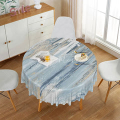 Aperturee - Aperturee Modern Abstract Round Tablecloth in Blue Gold and White for Contemporary and Elegant Dining Decor
