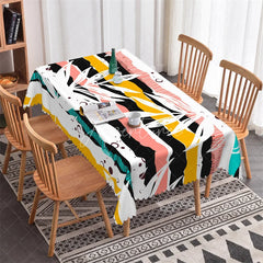 Aperturee - Aperturee Modern Abstract Striped Rectangle Tablecloth with Tropical Leaves Multi-Color Bohemian Party Decor