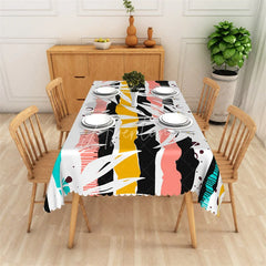 Aperturee - Aperturee Modern Abstract Striped Rectangle Tablecloth with Tropical Leaves Multi-Color Bohemian Party Decor