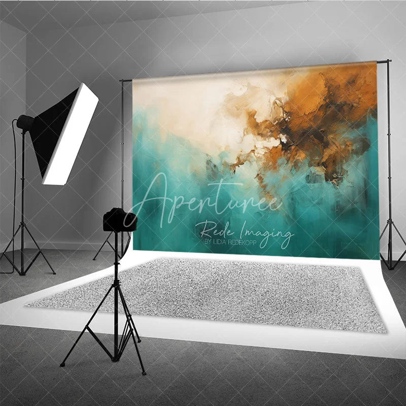 Aperturee - Aperturee Modern Abstract Teal Brown and Gold Textured Photography Backdrop Artistic Studio Photo Prop for Portraits