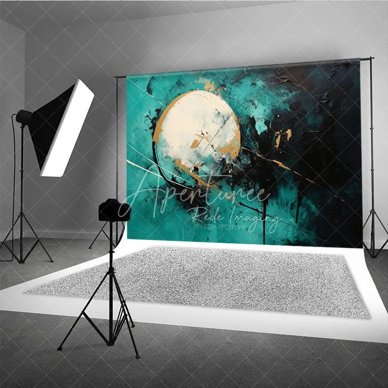 Aperturee - Aperturee Modern Abstract Textured Photography Backdrop with Teal Black and Gold Paint Splatters Artistic Circle Design