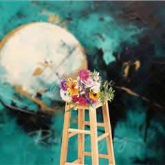 Aperturee - Aperturee Modern Abstract Textured Photography Backdrop with Teal Black and Gold Paint Splatters Artistic Circle Design