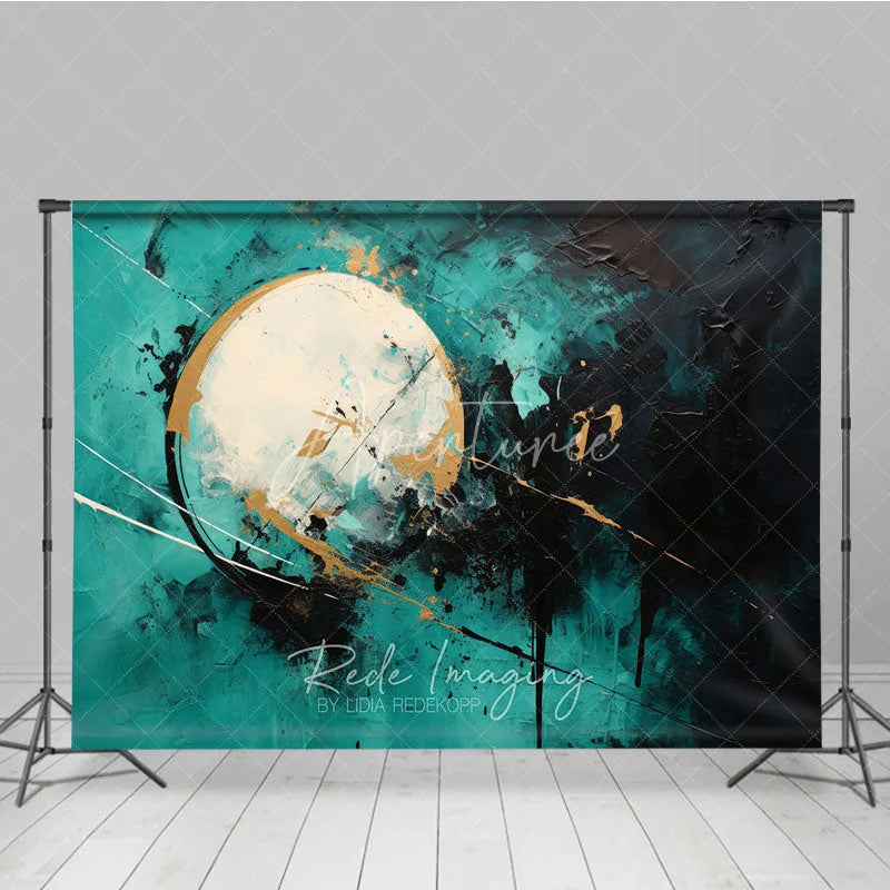 Aperturee - Aperturee Modern Abstract Textured Photography Backdrop with Teal Black and Gold Paint Splatters Artistic Circle Design