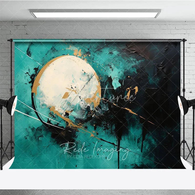 Aperturee - Aperturee Modern Abstract Textured Photography Backdrop with Teal Black and Gold Paint Splatters Artistic Circle Design
