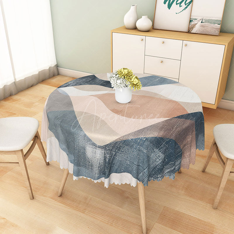 Aperturee - Aperturee Modern Abstract Wave Round Tablecloth in Beige Brown and Gray for Neutral and Earthy Decor