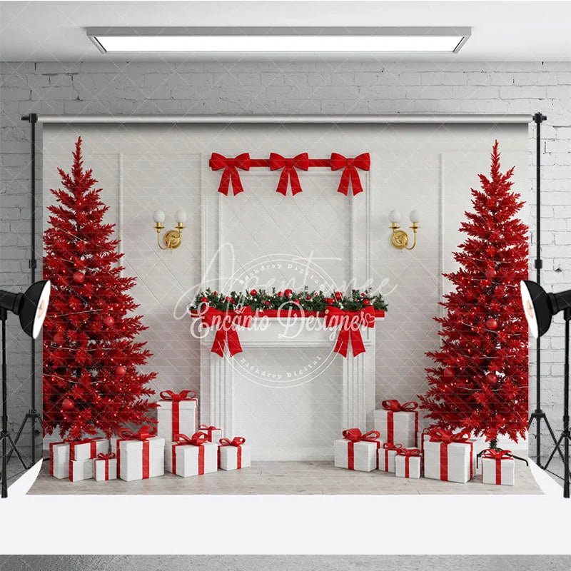 Aperturee - Aperturee Modern All Red Christmas Room Combo Set Backdrop White Fireplace with Red Trees Holiday Photo Studio Floor
