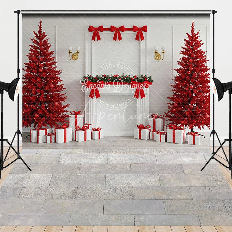 Aperturee - Aperturee Modern All Red Christmas Room Combo Set Backdrop White Fireplace with Red Trees Holiday Photo Studio Floor