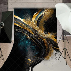 Aperturee - Aperturee Modern Black and Gold Foil Abstract Backdrop Teal Textures and Energetic Fluid Art Background