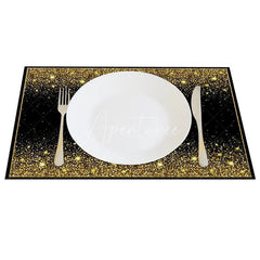Aperturee - Aperturee Modern Black and Gold Glitter Effect Set of 4 Placemats for Elegant Holiday Wedding and Party Decor