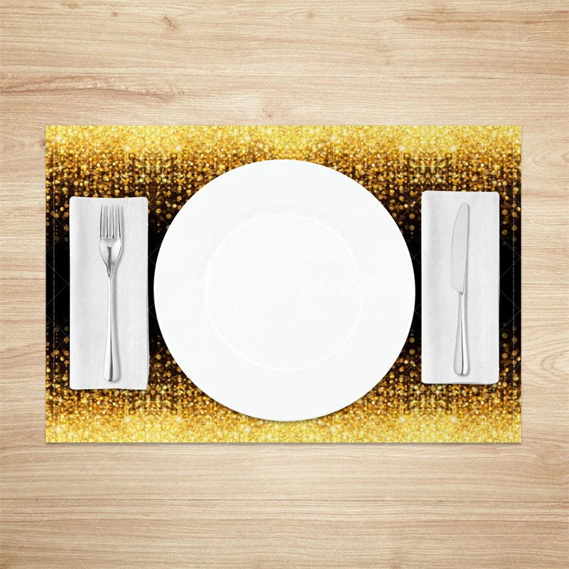 Aperturee - Aperturee Modern Black and Gold Glitter Pattern Set of 4 Placemats for Elegant and Luxury Holiday Dining Decor