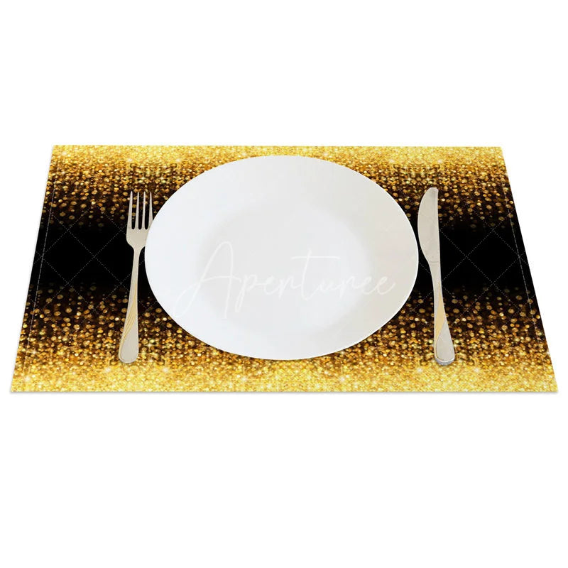 Aperturee - Aperturee Modern Black and Gold Glitter Pattern Set of 4 Placemats for Elegant and Luxury Holiday Dining Decor