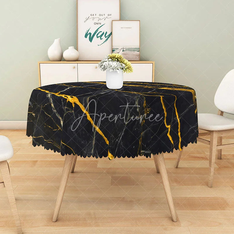 Aperturee - Aperturee Modern Black and Gold Marble Round Tablecloth for Luxury and Elegant Formal Dining Table Decor