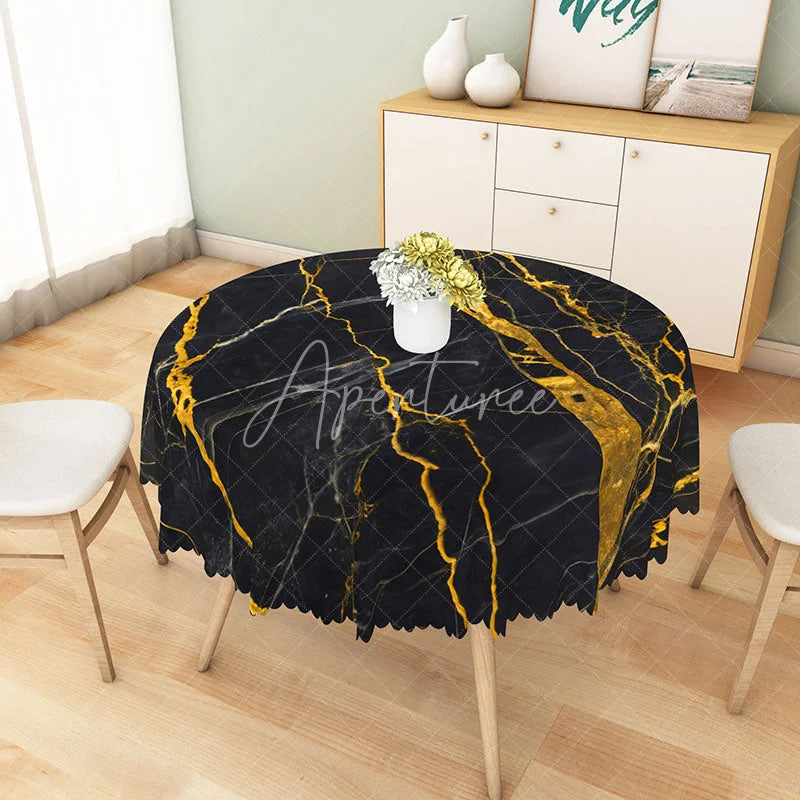 Aperturee - Aperturee Modern Black and Gold Marble Round Tablecloth for Luxury and Elegant Formal Dining Table Decor