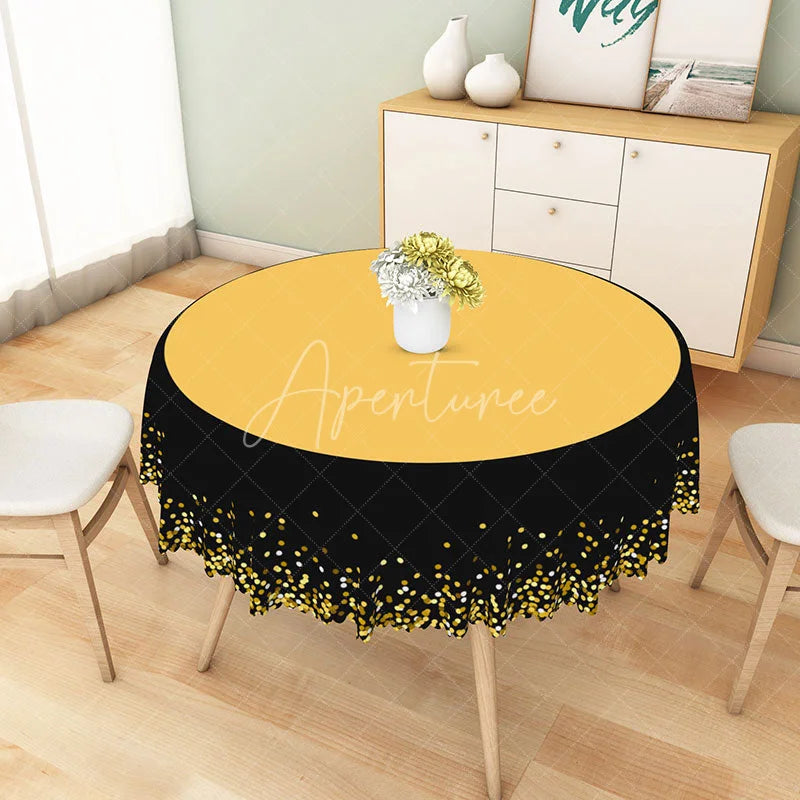 Aperturee - Aperturee Modern Black and Gold Polka Dot Round Tablecloth for Elegant Birthday and New Year’s Eve Party Decor