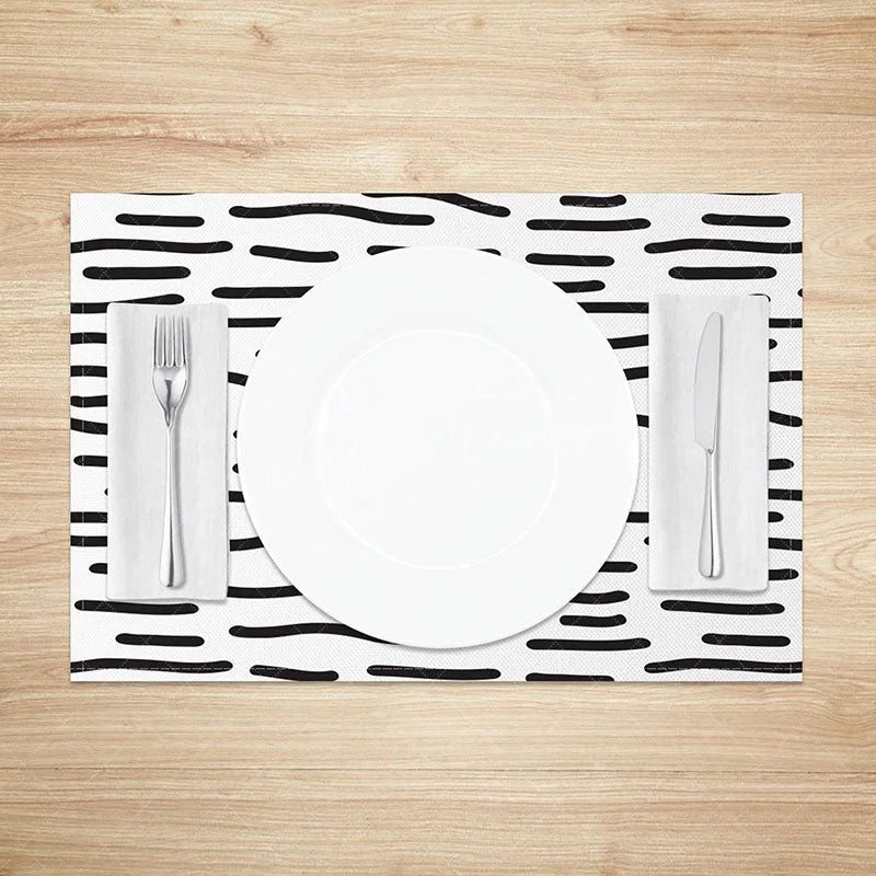 Aperturee - Aperturee Modern Black and White Abstract Lines Set of 4 Placemats for Contemporary and Minimalist Dining Decor