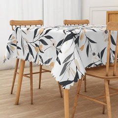 Aperturee - Aperturee Modern Black and White Floral Tablecloth Elegant Botanical Leaf Print for Contemporary Dining Decor
