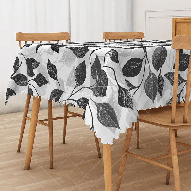Aperturee - Aperturee Modern Black and White Leaf Tablecloth for Minimalist Botanical and Contemporary Dining Room Decor