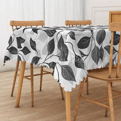 Aperturee - Aperturee Modern Black and White Leaf Tablecloth for Minimalist Botanical and Contemporary Dining Room Decor