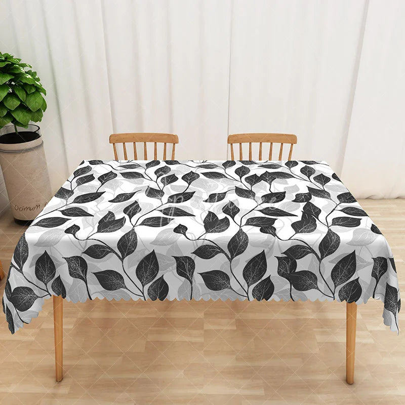Aperturee - Aperturee Modern Black and White Leaf Tablecloth for Minimalist Botanical and Contemporary Dining Room Decor