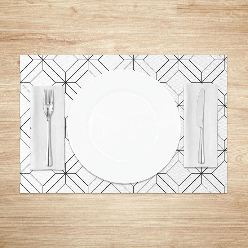 Aperturee - Aperturee Modern Black and White Square Lines Set of 4 Placemats Geometric Grid Pattern for Contemporary Decor