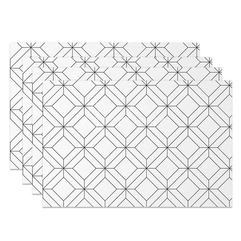 Aperturee - Aperturee Modern Black and White Square Lines Set of 4 Placemats Geometric Grid Pattern for Contemporary Decor