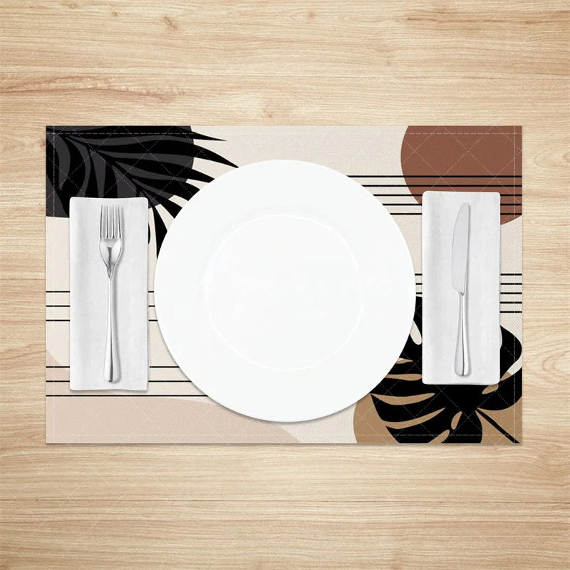 Aperturee - Aperturee Modern Black Leaf Stripe Geometric Set of 4 Placemats for Contemporary Botanical Dining Room Decor