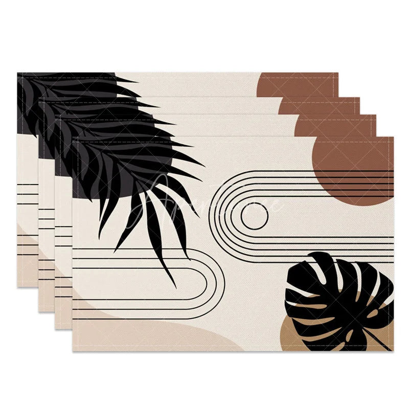 Aperturee - Aperturee Modern Black Leaf Stripe Geometric Set of 4 Placemats for Contemporary Botanical Dining Room Decor