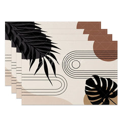 Aperturee - Aperturee Modern Black Leaf Stripe Geometric Set of 4 Placemats for Contemporary Botanical Dining Room Decor