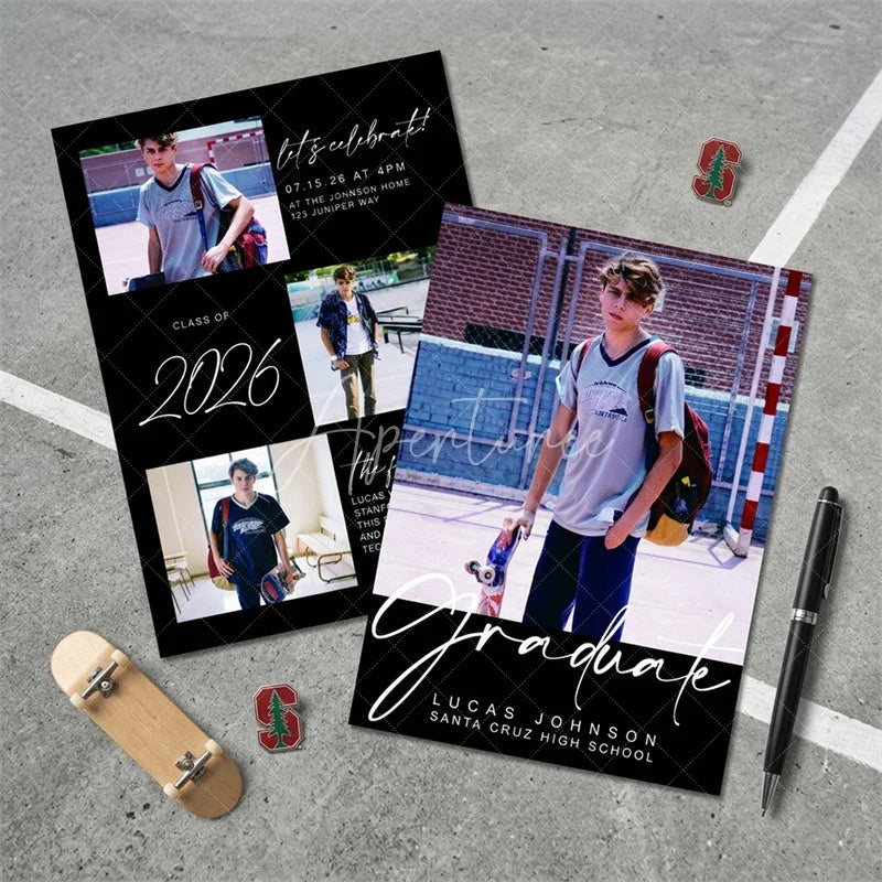 Aperturee - Aperturee Modern Black Set of 20 Custom Personalized Graduation Photo Collage Invitation Class of 2026 Future Party