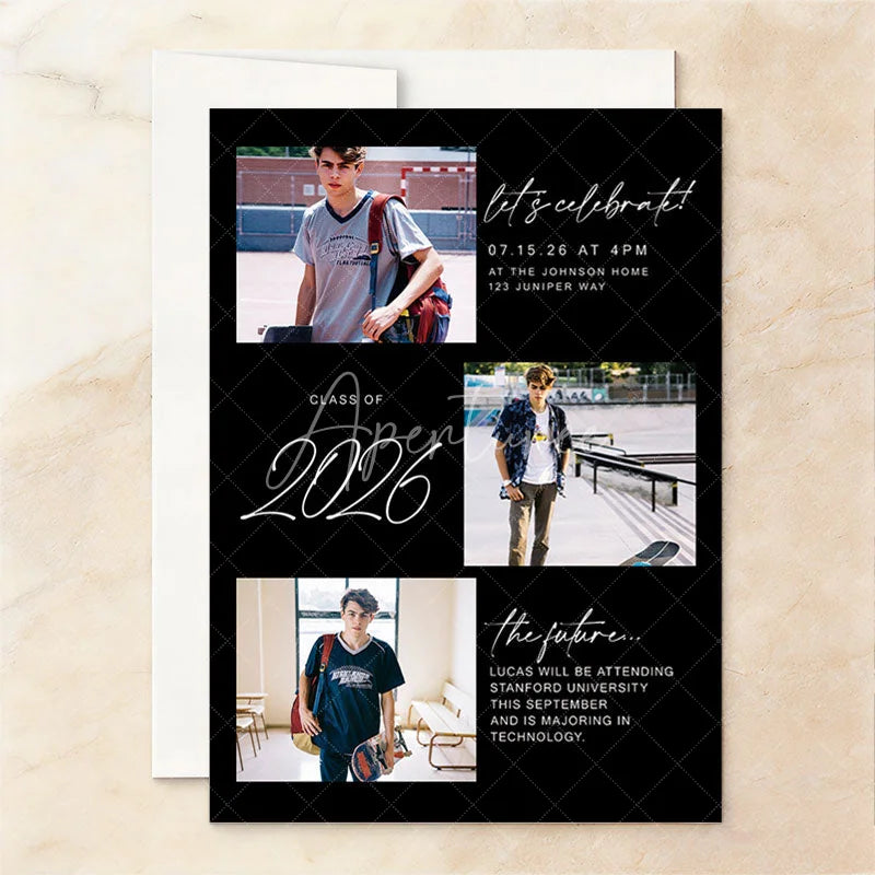 Aperturee - Aperturee Modern Black Set of 20 Custom Personalized Graduation Photo Collage Invitation Class of 2026 Future Party