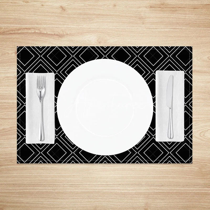 Aperturee - Aperturee Modern Black Square Lines Pattern Set of 4 Placemats Geometric Grid Design for Contemporary Decor