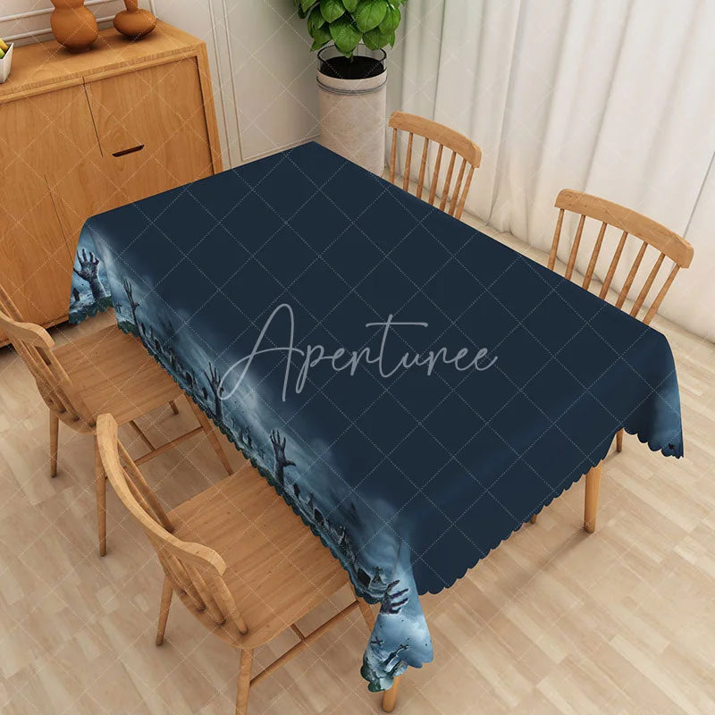 Aperturee - Aperturee Modern Blue and Black Rectangle Tablecloth with Faux Scalloped Edge for Abstract and Contemporary Decor