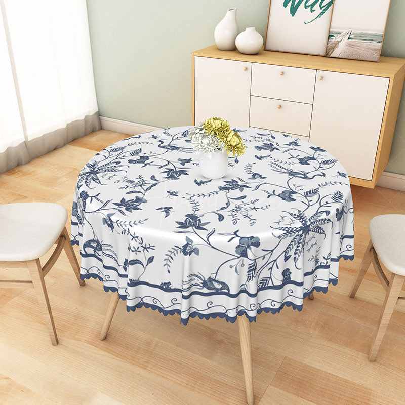 Aperturee - Aperturee Modern Blue and White Floral Round Tablecloth for Elegant Dining and French Country Kitchen Decor