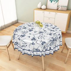 Aperturee - Aperturee Modern Blue and White Floral Round Tablecloth for Elegant Dining and French Country Kitchen Decor