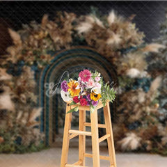 Aperturee - Aperturee Modern Blue Arch Christmas Backdrop Boho Pampas Grass Gold Photography Background