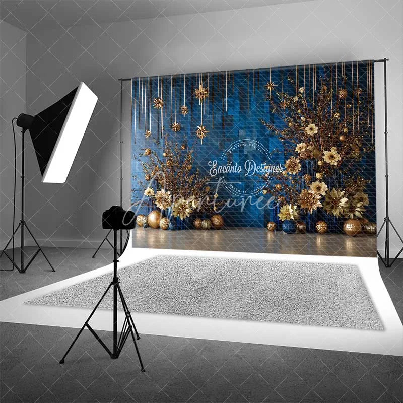 Aperturee - Aperturee Modern Blue Geometric Christmas Backdrop Gold Starburst Floral Photography Background