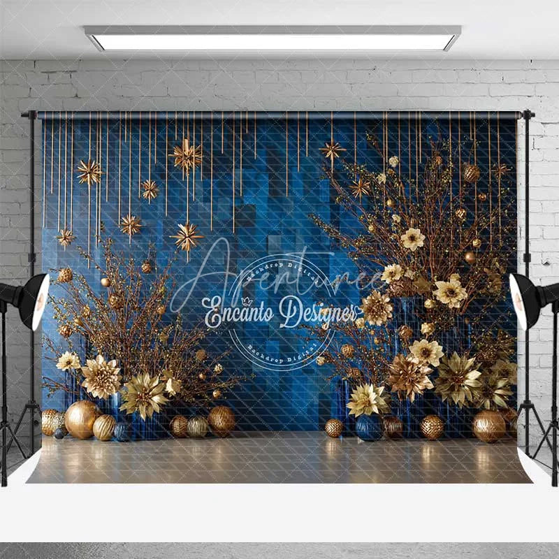 Aperturee - Aperturee Modern Blue Geometric Christmas Backdrop Gold Starburst Floral Photography Background