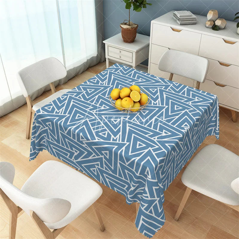 Aperturee - Aperturee Modern Blue Geometric Triangle Rectangle Tablecloth Abstract Interlocking Pattern Table Cover for Office Home